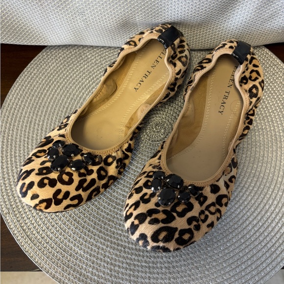 Ellen Tracy calves hair flats with black faceted stones on toe. Elastic back. - Picture 1 of 4